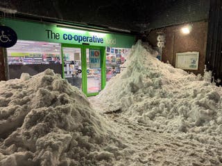 Snow outside the local Co-Op in Insch on Tuesday